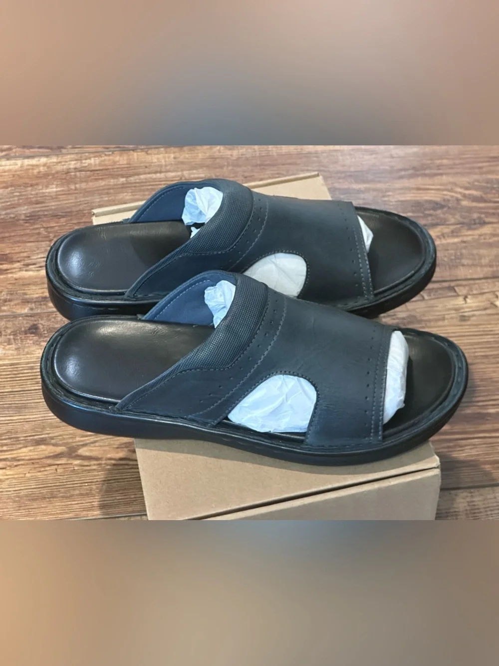 FIEEIF Men's Leather Slides Open Toe Outdoor Slippers Comfort Arch Support Retro